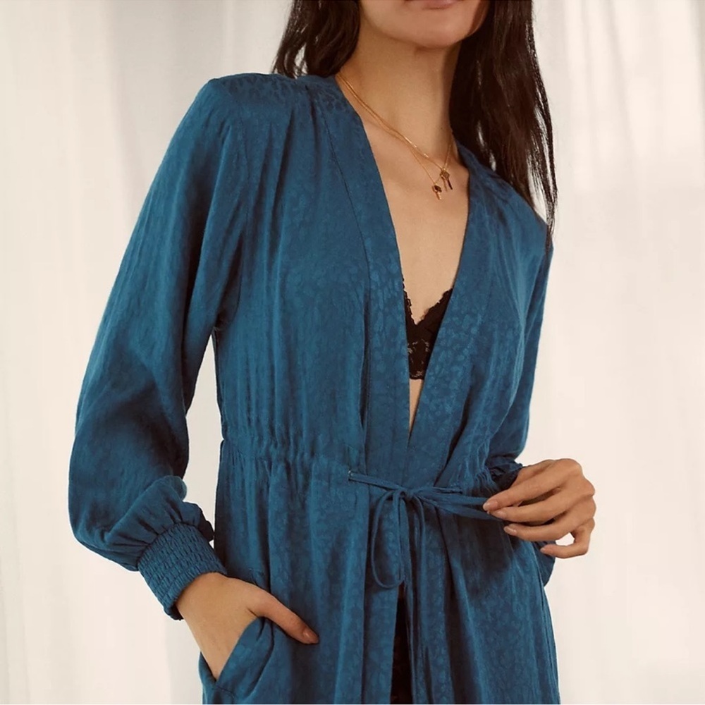 Anthropologie Blue Smocked Waist Maxi Dress Robe Boho Lounge Size L/XL NWT - Picture 12 of 13